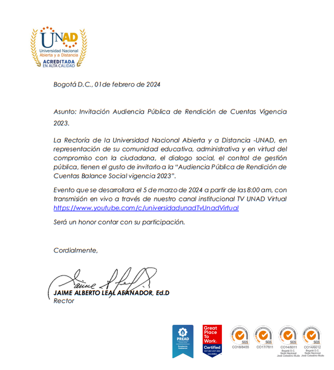 Carta de Invitación Audiencia Pública de Rendición de Cuentas 2023
