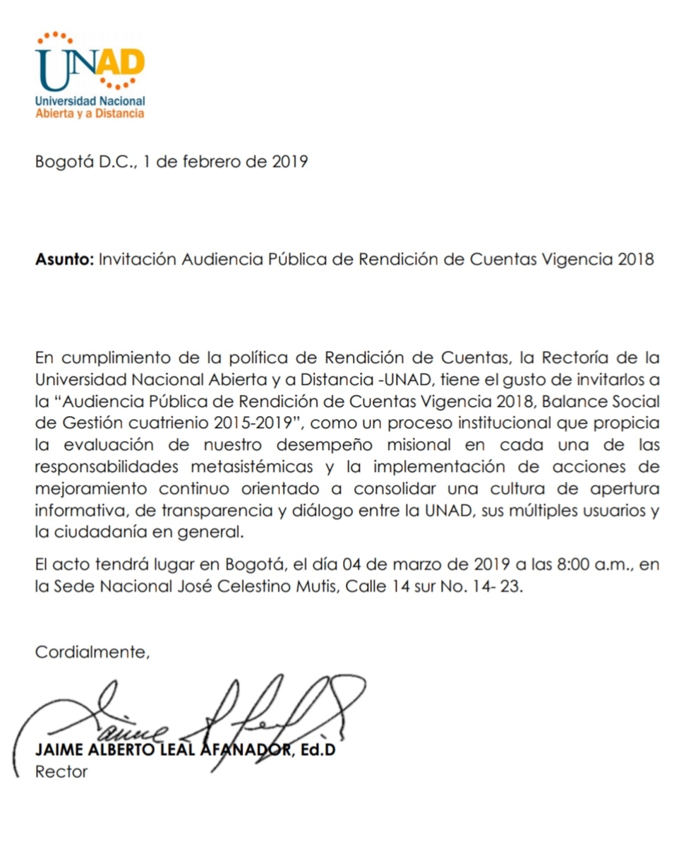 Carta de Invitación Audiencia Pública de Rendición de Cuentas 2018